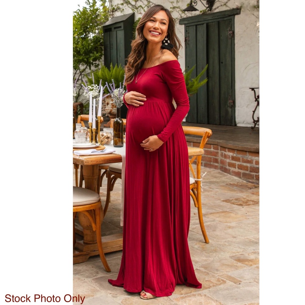 PinkBlush Burgundy Solid Off Shoulder Maternity Maxi Dress